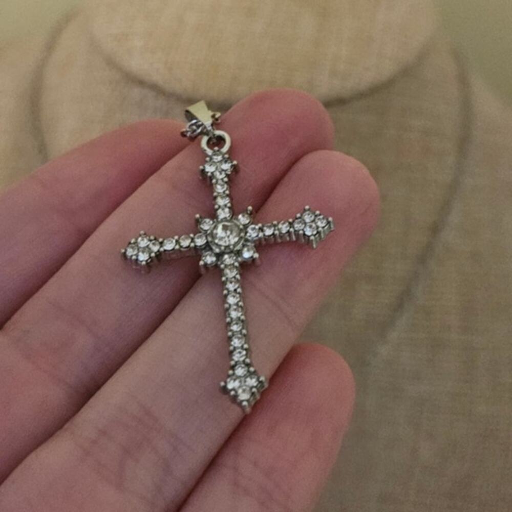 Beautiful Delicate Silver-Tone Mixed Metal Cross Pendant Clear Rhinestone Inlaid